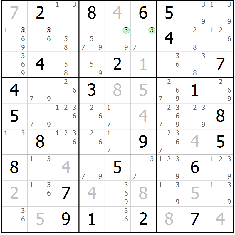 Position des candidats pour la solution de la Gr 80 page 83 du magazine de sudoku Platina n° 038