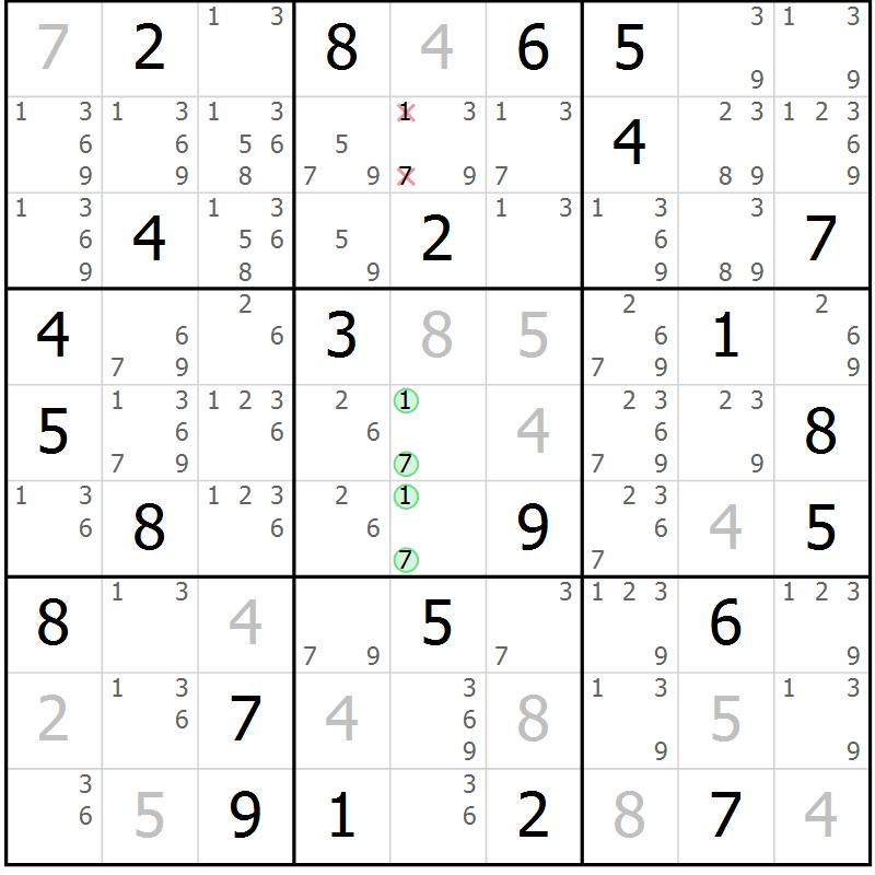 Position des candidats pour la solution de la Gr 80 page 83 du magazine de sudoku Platina n° 038