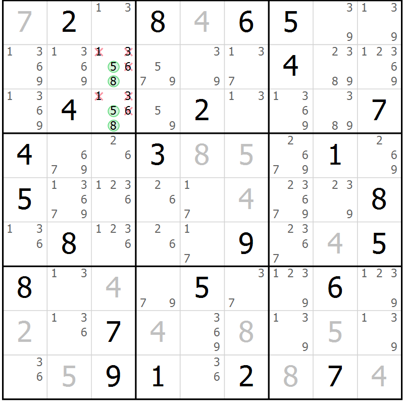 Position des candidats pour la solution de la Gr 80 page 83 du magazine de sudoku Platina n° 038