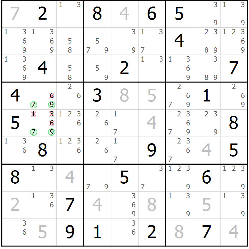 Position des candidats pour la solution de la Gr 80 page 83 du magazine de sudoku Platina n° 038