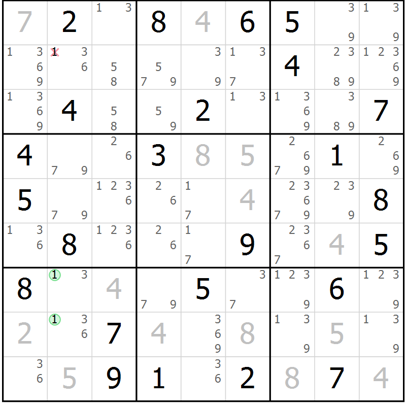 Position des candidats pour la solution de la Gr 80 page 83 du magazine de sudoku Platina n° 038