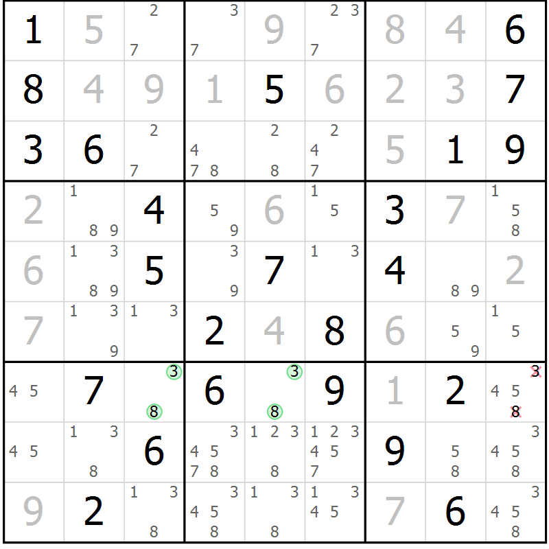 Position des candidats pour la solution de la Gr 81 page 84 du magazine de sudoku Platina n° 038