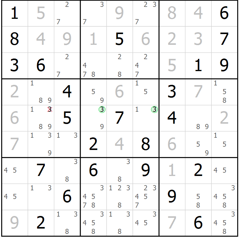 Position des candidats pour la solution de la Gr 81 page 84 du magazine de sudoku Platina n° 038
