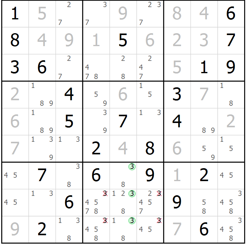Position des candidats pour la solution de la Gr 81 page 84 du magazine de sudoku Platina n° 038