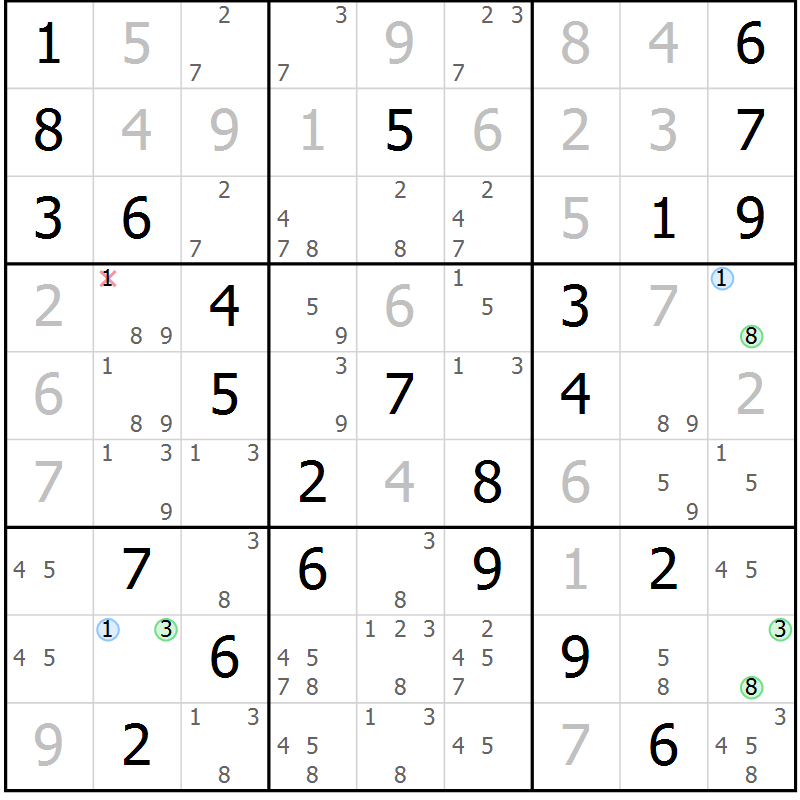 Position des candidats pour la solution de la Gr 81 page 84 du magazine de sudoku Platina n° 038