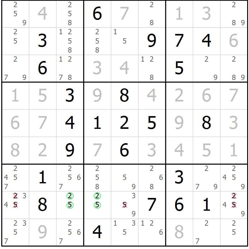 Position des candidats pour la solution de la Gr 82 page 85 du magazine de sudoku Platina n° 038