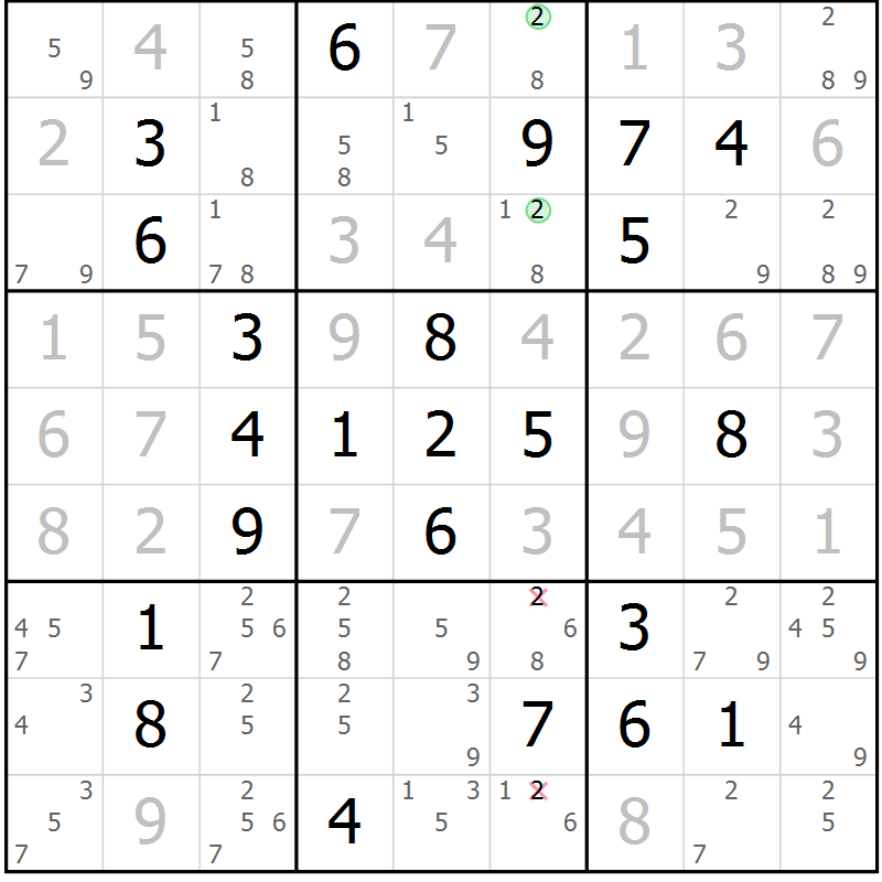 Position des candidats pour la solution de la Gr 82 page 85 du magazine de sudoku Platina n° 038