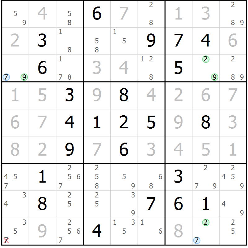 Position des candidats pour la solution de la Gr 82 page 85 du magazine de sudoku Platina n° 038