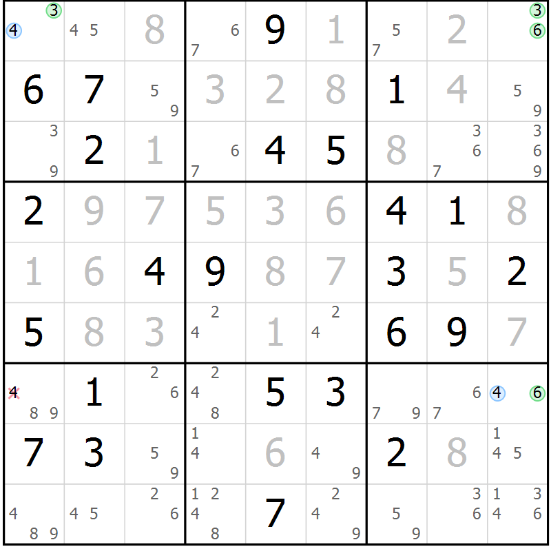Position des candidats pour la solution de la Gr 83 page 86 du magazine de sudoku Platina n° 038