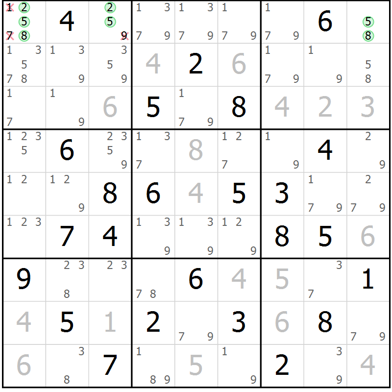 Position des candidats pour la solution de la Gr 84 page 87 du magazine de sudoku Platina n° 038