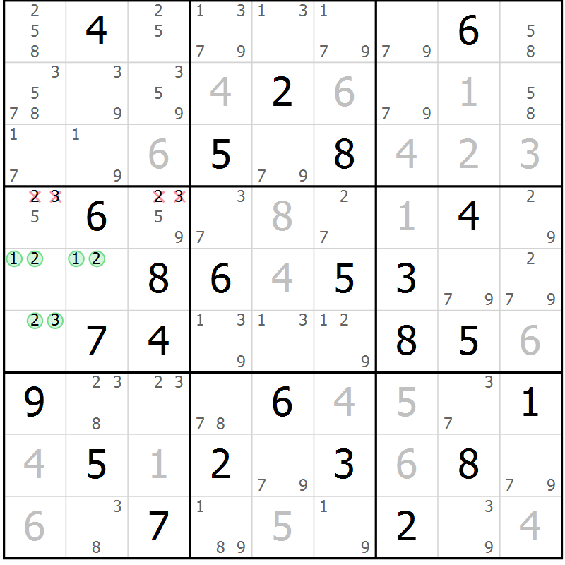 Position des candidats pour la solution de la Gr 84 page 87 du magazine de sudoku Platina n° 038