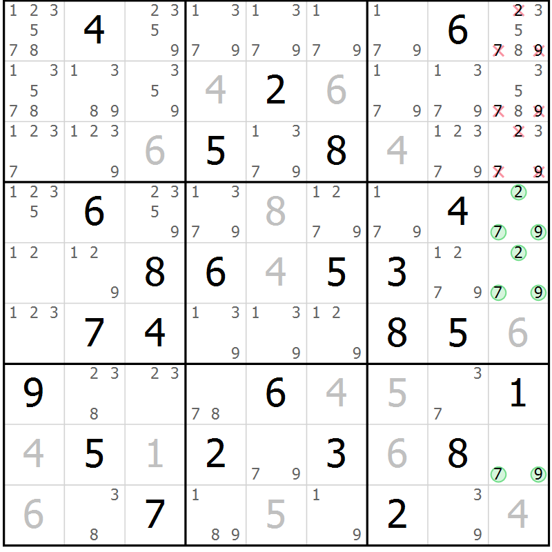 Position des candidats pour la solution de la Gr 84 page 87 du magazine de sudoku Platina n° 038