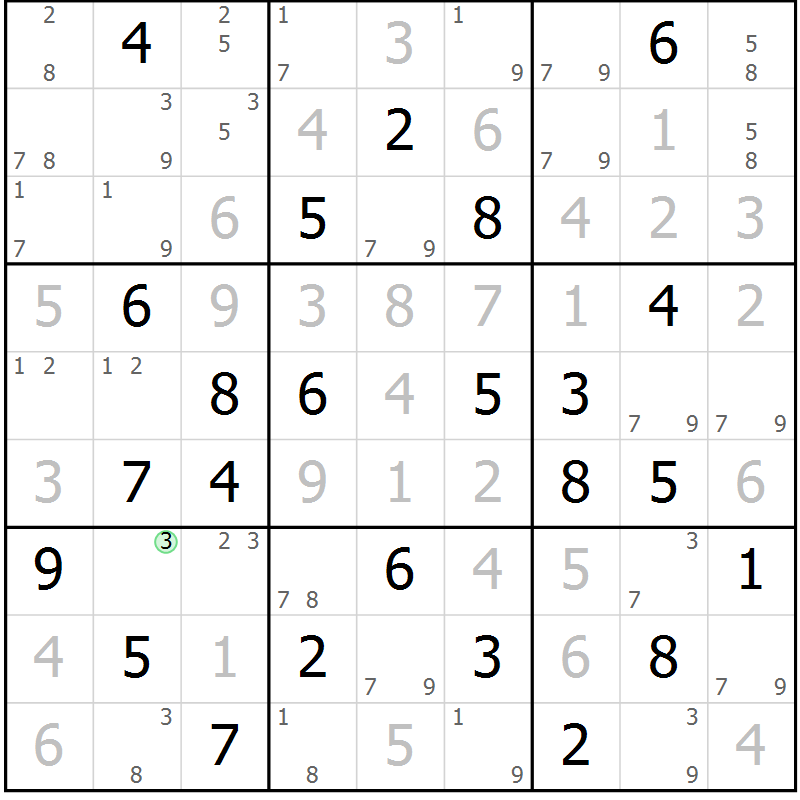 Position des candidats pour la solution de la Gr 84 page 87 du magazine de sudoku Platina n° 038