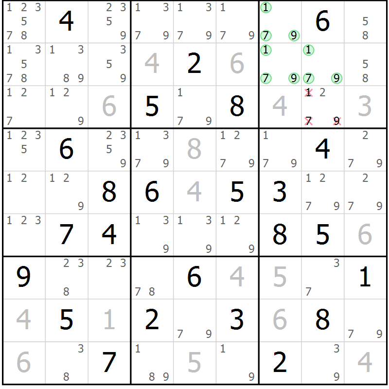 Position des candidats pour la solution de la Gr 84 page 87 du magazine de sudoku Platina n° 038