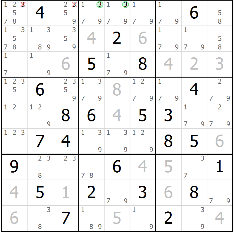 Position des candidats pour la solution de la Gr 84 page 87 du magazine de sudoku Platina n° 038