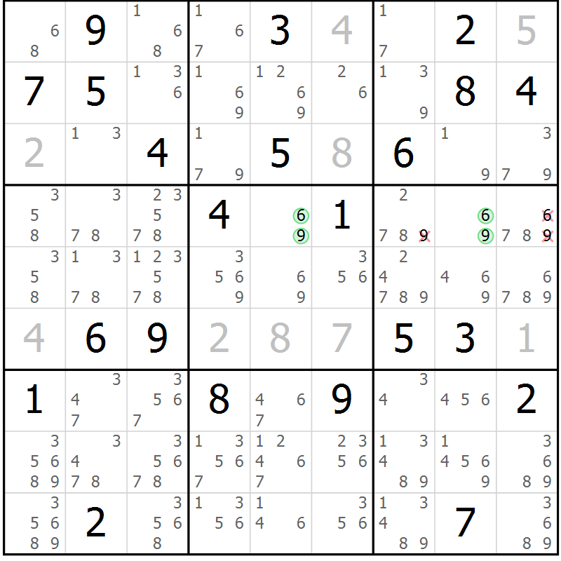 Position des candidats pour la solution de la Gr 9 page 12 du magazine de sudoku Platina n° 038
