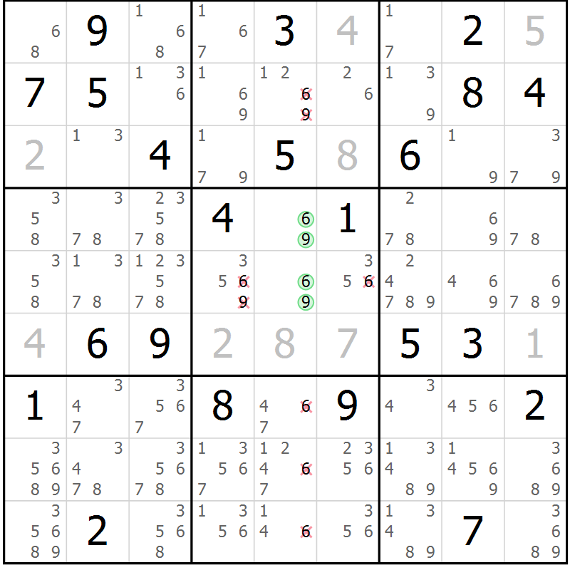 Position des candidats pour la solution de la Gr 9 page 12 du magazine de sudoku Platina n° 038