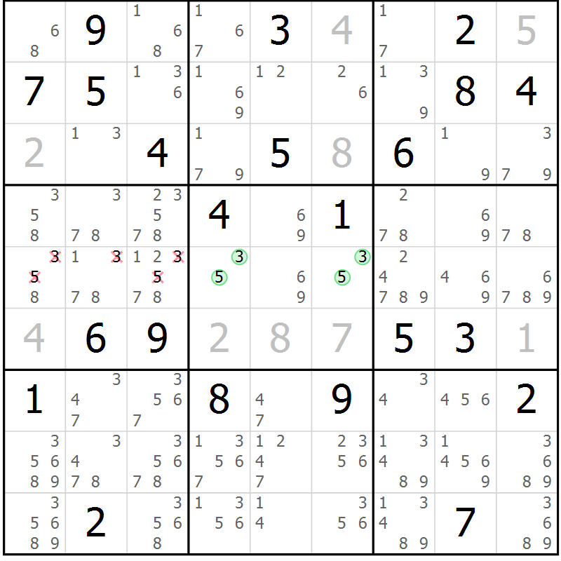 Position des candidats pour la solution de la Gr 9 page 12 du magazine de sudoku Platina n° 038