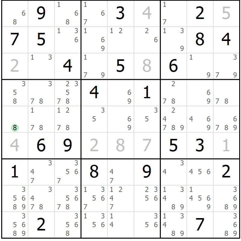 Position des candidats pour la solution de la Gr 9 page 12 du magazine de sudoku Platina n° 038