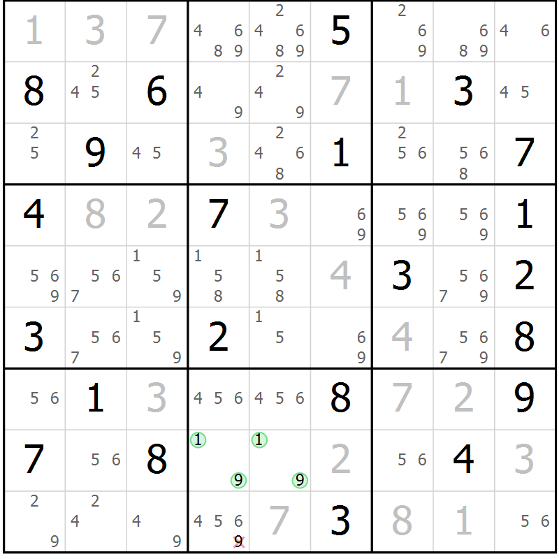 Position des candidats pour la solution de la Gr 10 page 13 du magazine de sudoku Virtuose n° 108