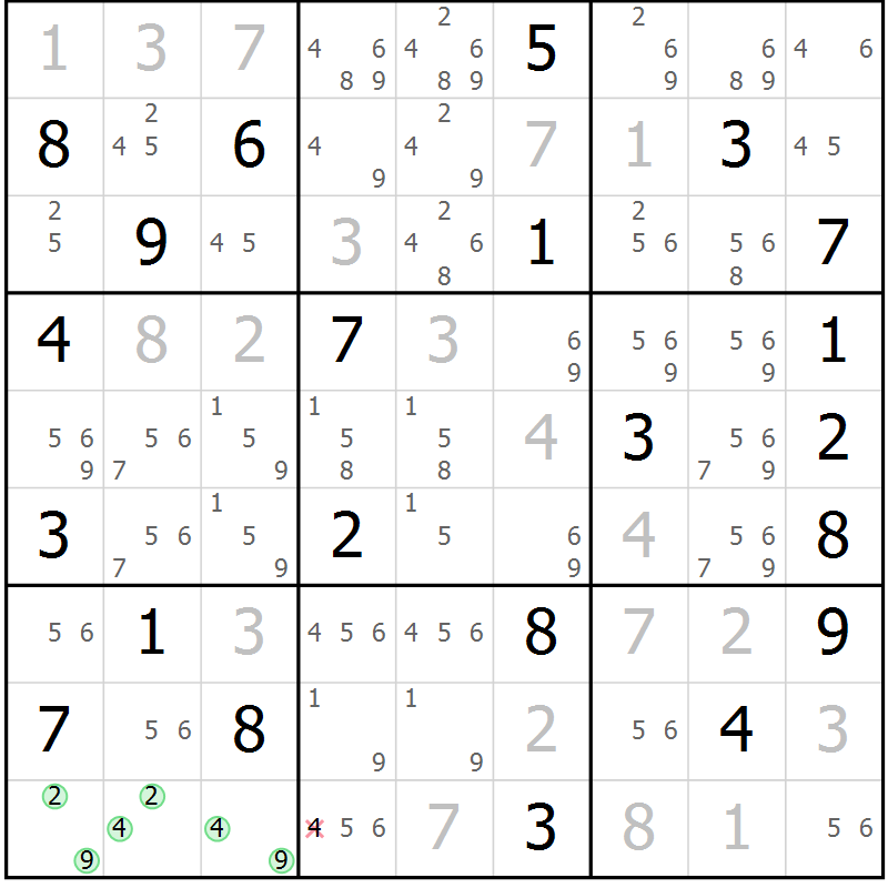 Position des candidats pour la solution de la Gr 10 page 13 du magazine de sudoku Virtuose n° 108