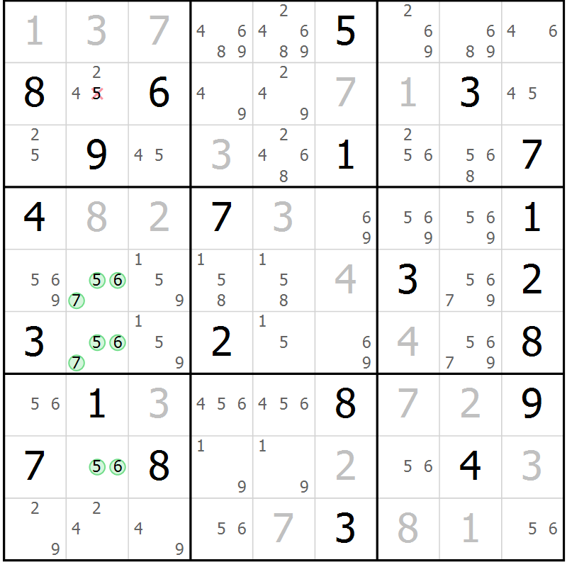 Position des candidats pour la solution de la Gr 10 page 13 du magazine de sudoku Virtuose n° 108