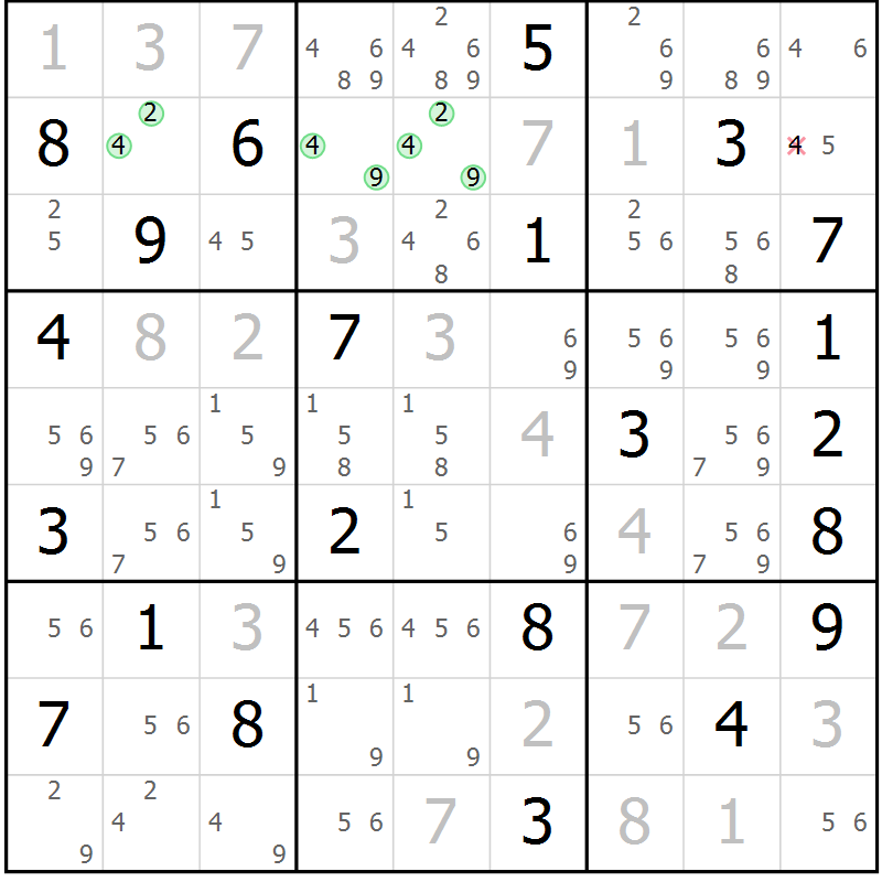 Position des candidats pour la solution de la Gr 10 page 13 du magazine de sudoku Virtuose n° 108