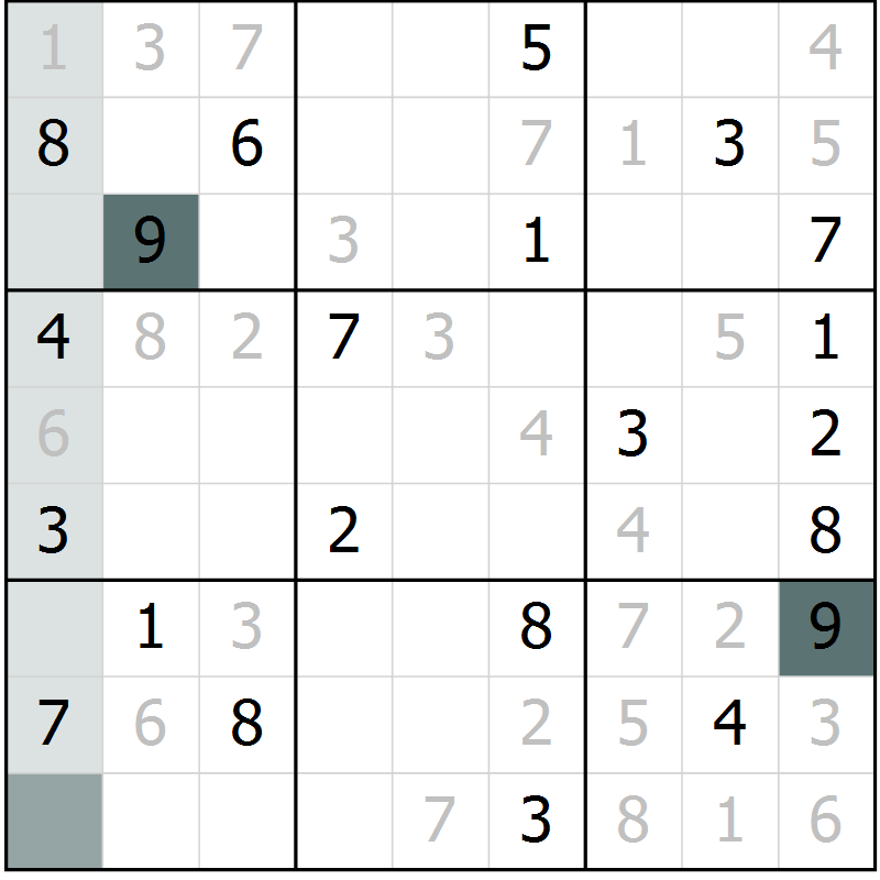 Position des candidats pour la solution de la Gr 10 page 13 du magazine de sudoku Virtuose n° 108
