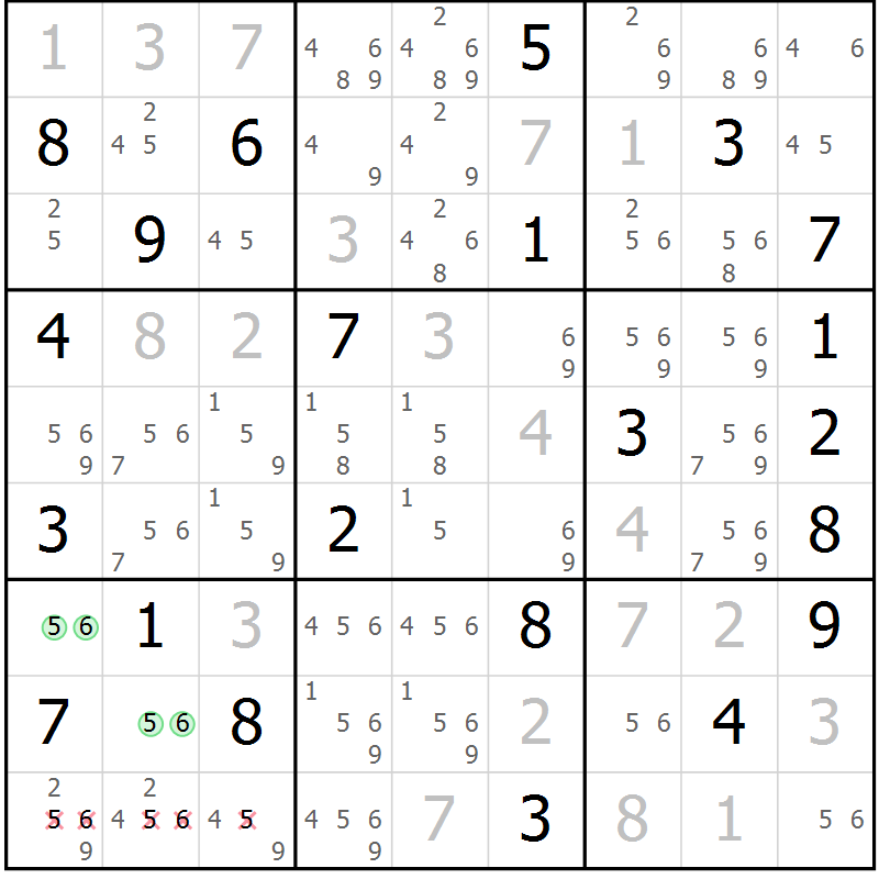 Position des candidats pour la solution de la Gr 10 page 13 du magazine de sudoku Virtuose n° 108