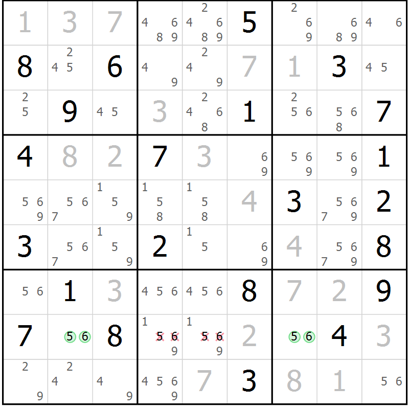 Position des candidats pour la solution de la Gr 10 page 13 du magazine de sudoku Virtuose n° 108