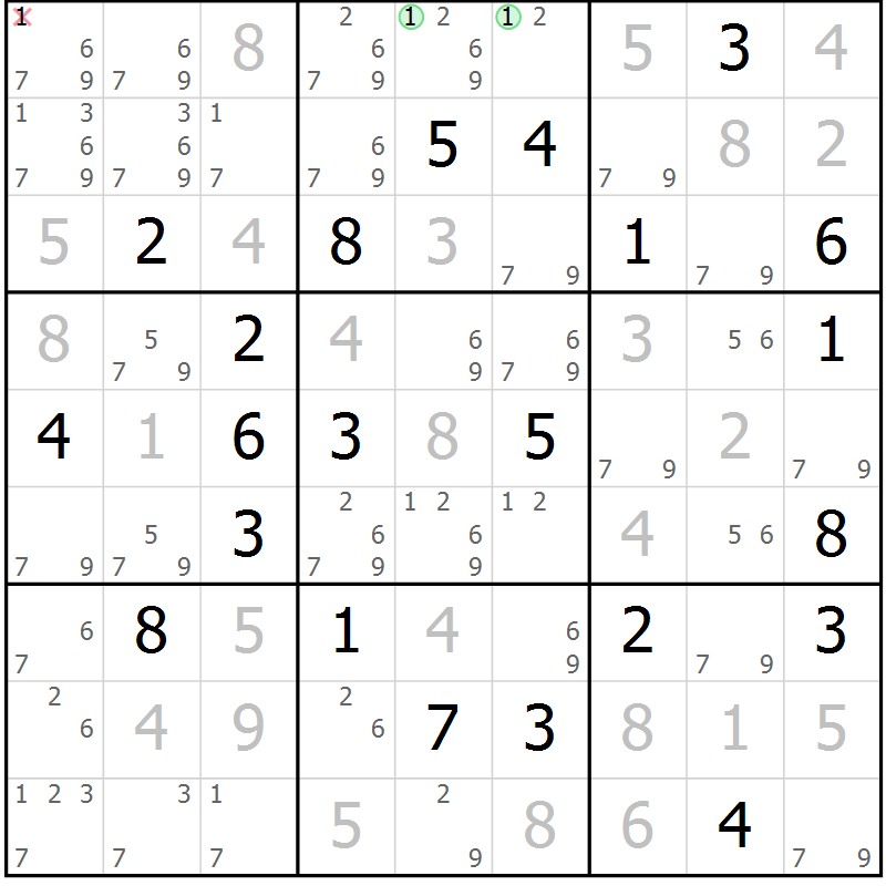 Position des candidats pour la solution de la Gr 11 page 14 du magazine de sudoku Virtuose n° 108