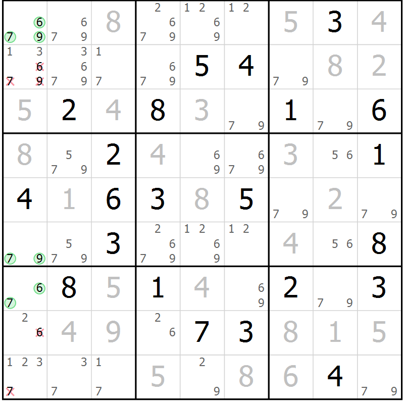 Position des candidats pour la solution de la Gr 11 page 14 du magazine de sudoku Virtuose n° 108