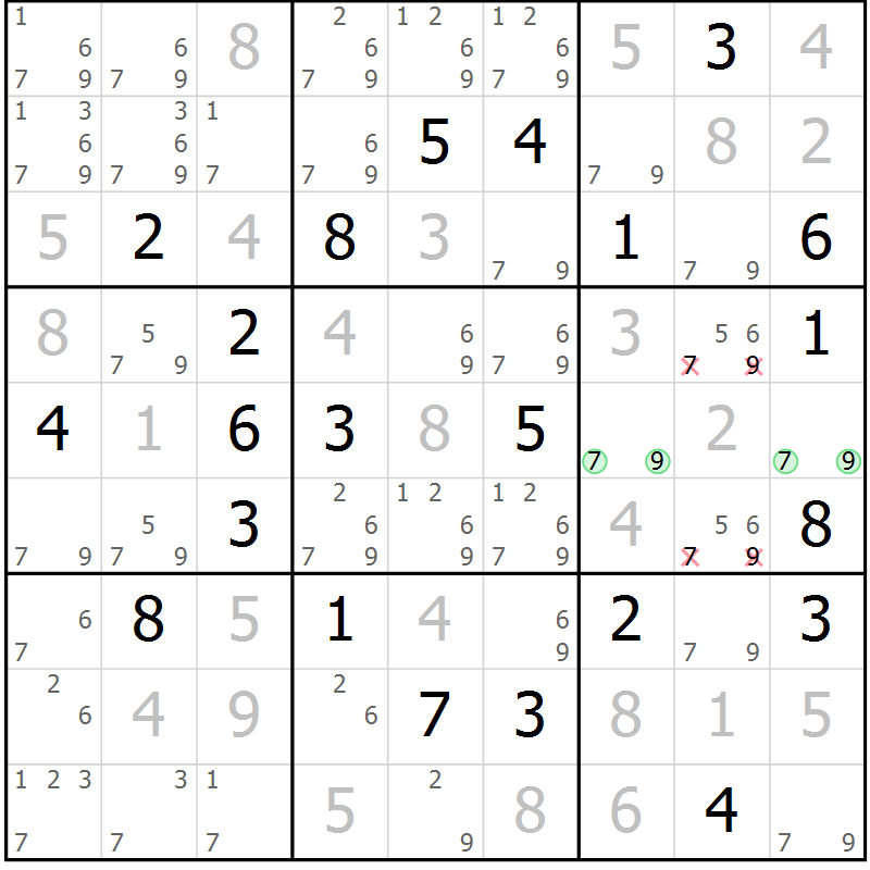 Position des candidats pour la solution de la Gr 11 page 14 du magazine de sudoku Virtuose n° 108