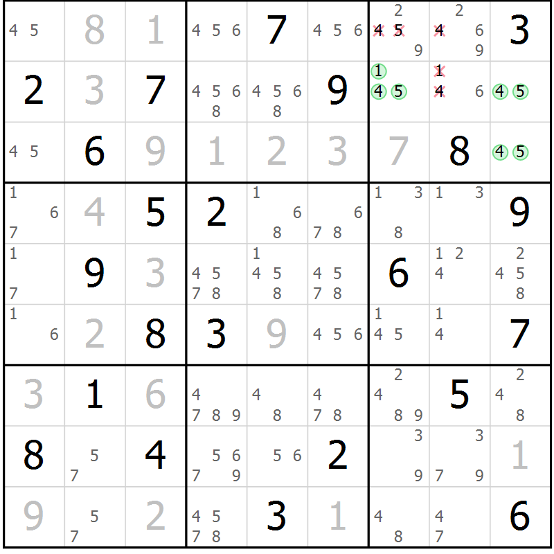 Position des candidats pour la solution de la Gr 12 page 15 du magazine de sudoku Virtuose n° 108