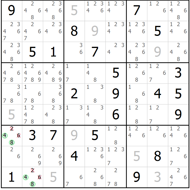 Position des candidats pour la solution de la Gr 13 page 16 du magazine de sudoku Virtuose n° 108