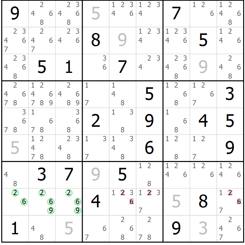 Position des candidats pour la solution de la Gr 13 page 16 du magazine de sudoku Virtuose n° 108