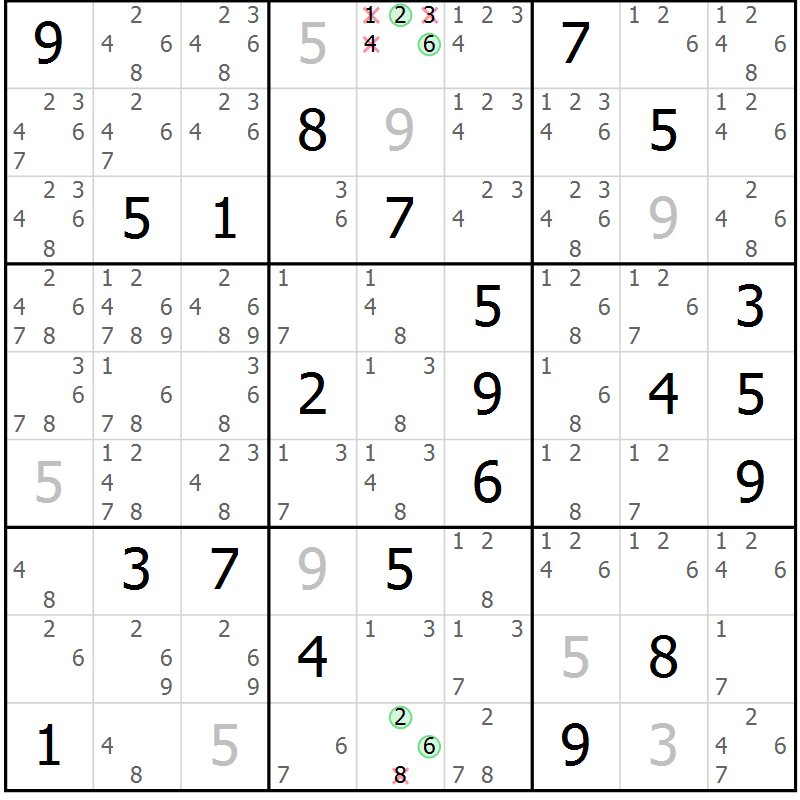 Position des candidats pour la solution de la Gr 13 page 16 du magazine de sudoku Virtuose n° 108