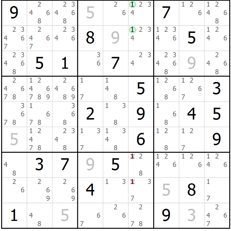 Position des candidats pour la solution de la Gr 13 page 16 du magazine de sudoku Virtuose n° 108