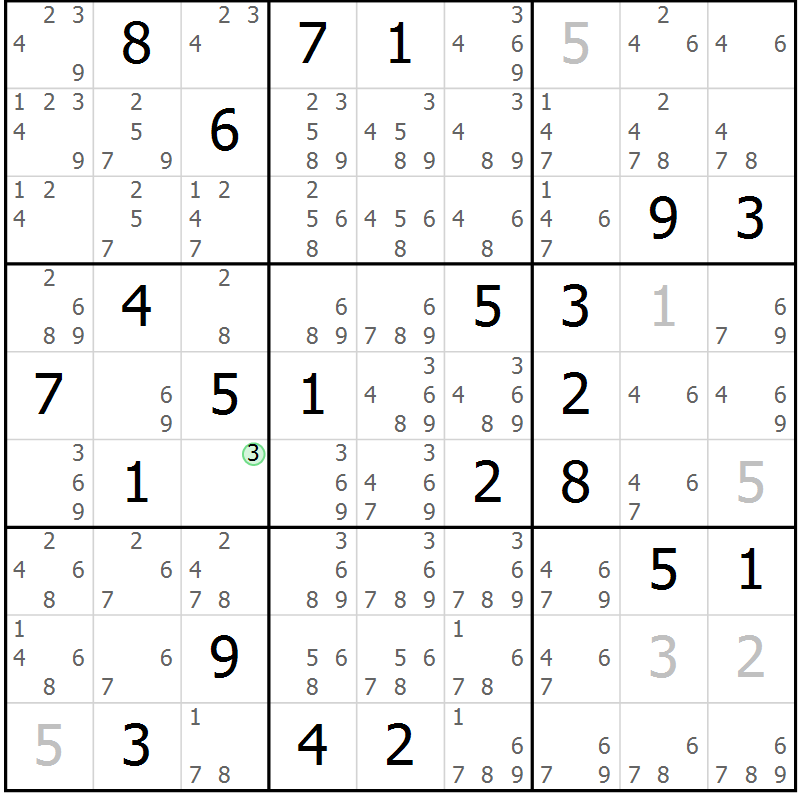 Position des candidats pour la solution de la Gr 14 page 17 du magazine de sudoku Virtuose n° 108