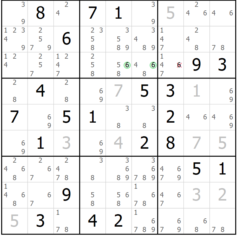 Position des candidats pour la solution de la Gr 14 page 17 du magazine de sudoku Virtuose n° 108