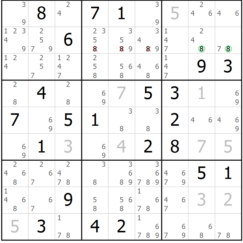 Position des candidats pour la solution de la Gr 14 page 17 du magazine de sudoku Virtuose n° 108