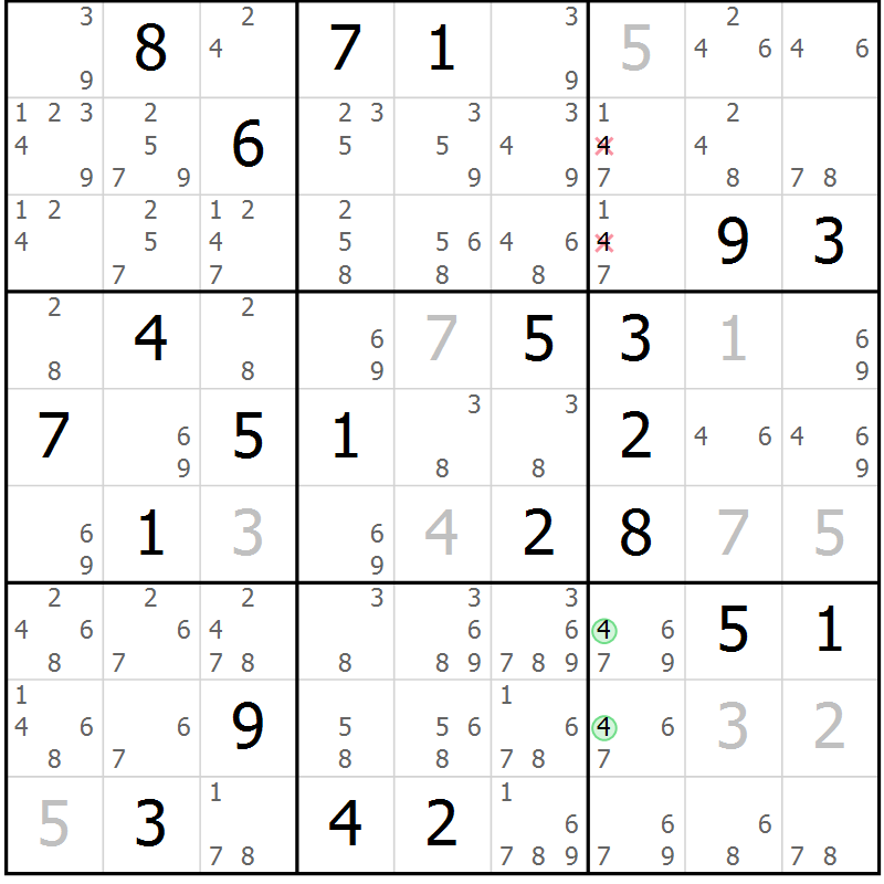 Position des candidats pour la solution de la Gr 14 page 17 du magazine de sudoku Virtuose n° 108