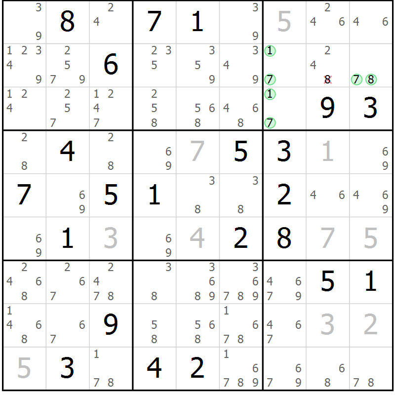 Position des candidats pour la solution de la Gr 14 page 17 du magazine de sudoku Virtuose n° 108