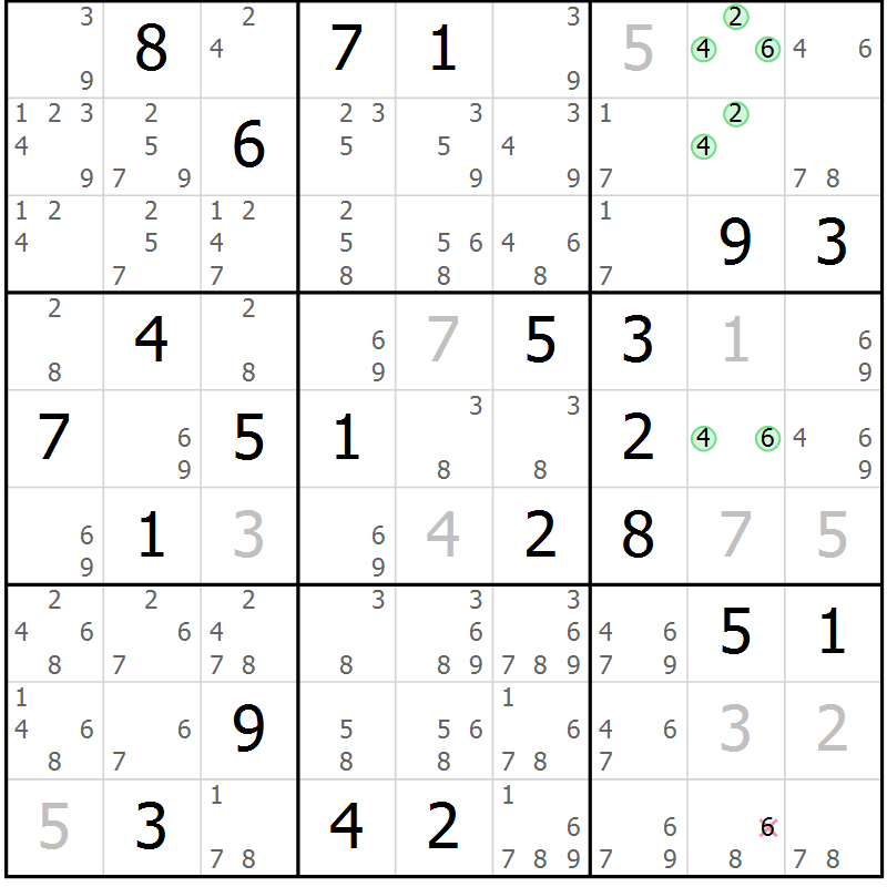 Position des candidats pour la solution de la Gr 14 page 17 du magazine de sudoku Virtuose n° 108