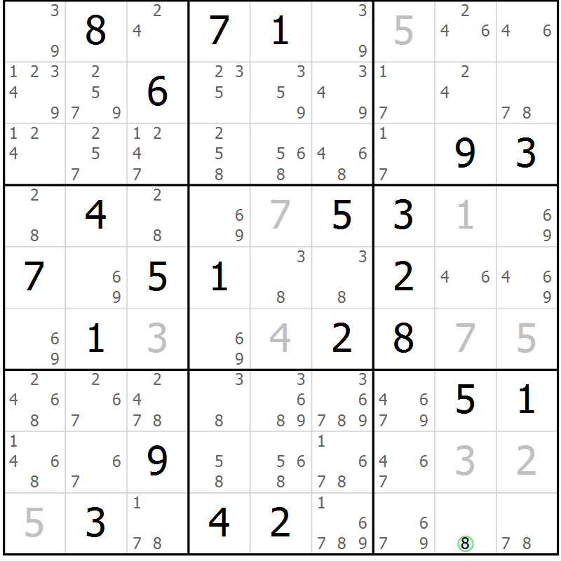 Position des candidats pour la solution de la Gr 14 page 17 du magazine de sudoku Virtuose n° 108