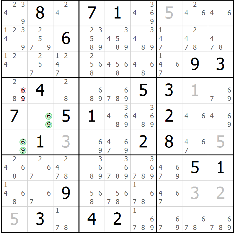 Position des candidats pour la solution de la Gr 14 page 17 du magazine de sudoku Virtuose n° 108