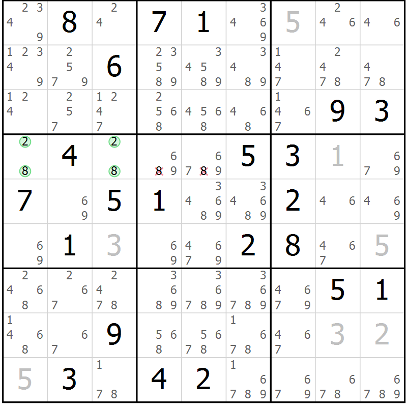 Position des candidats pour la solution de la Gr 14 page 17 du magazine de sudoku Virtuose n° 108