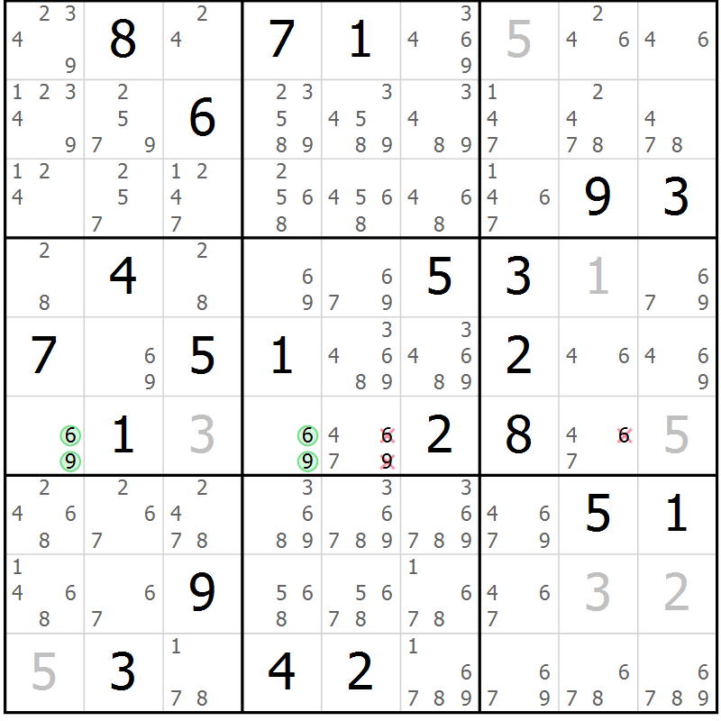 Position des candidats pour la solution de la Gr 14 page 17 du magazine de sudoku Virtuose n° 108