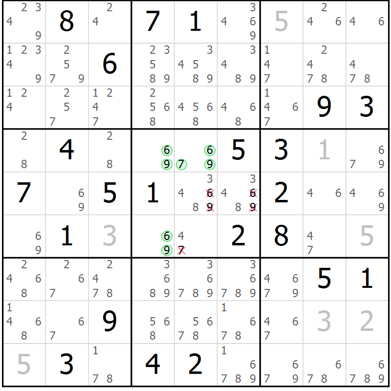 Position des candidats pour la solution de la Gr 14 page 17 du magazine de sudoku Virtuose n° 108