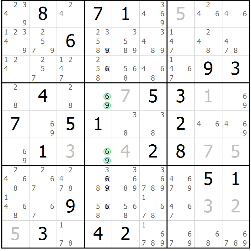 Position des candidats pour la solution de la Gr 14 page 17 du magazine de sudoku Virtuose n° 108